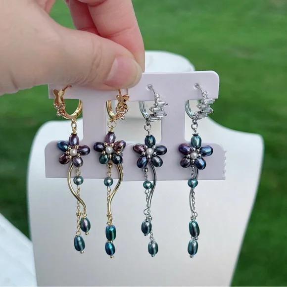 E246 Handmade Freshwater Pearl Flower Huggies Earrings - Picture 2 of 11